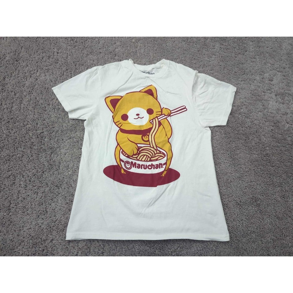 Maruchan T Shirt Mens S White Short Sleeve Cat Eating Noodles Graphic